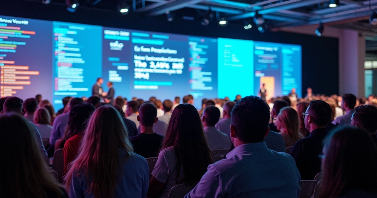 Mulheres e homens de diferentes perfis em evento de inovação tecnológica 