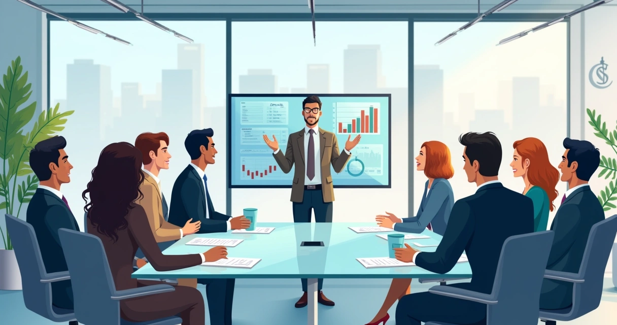 Grupo diverso de investidores conversando com consultoria financeira 