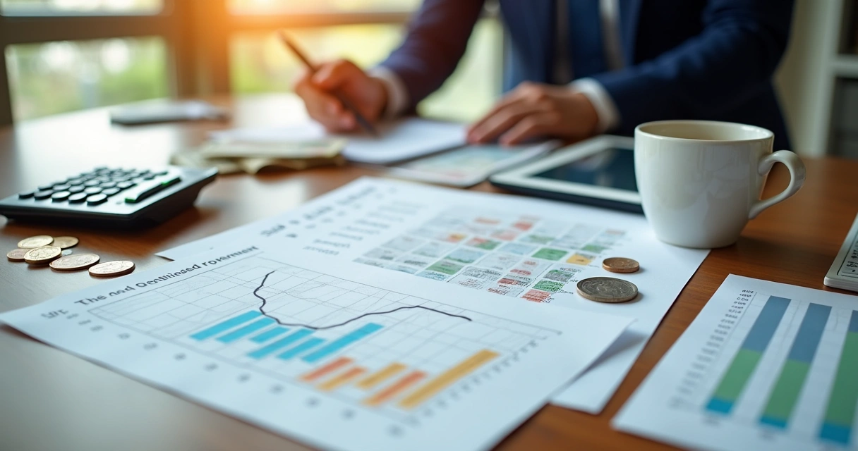Mesa com variados papéis de investimento, notas, moedas e gráficos representando opções de renda fixa 