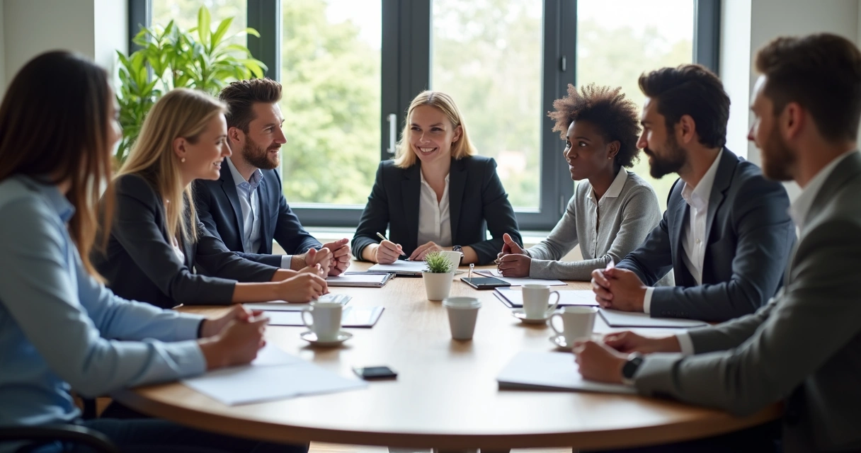 Reunião com líderes de diferentes perfis sentados em mesa redonda.