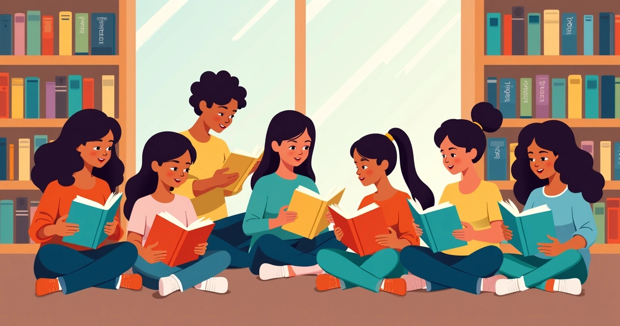 Alunos de diferentes origens lendo livros de autores variados em uma biblioteca colorida 