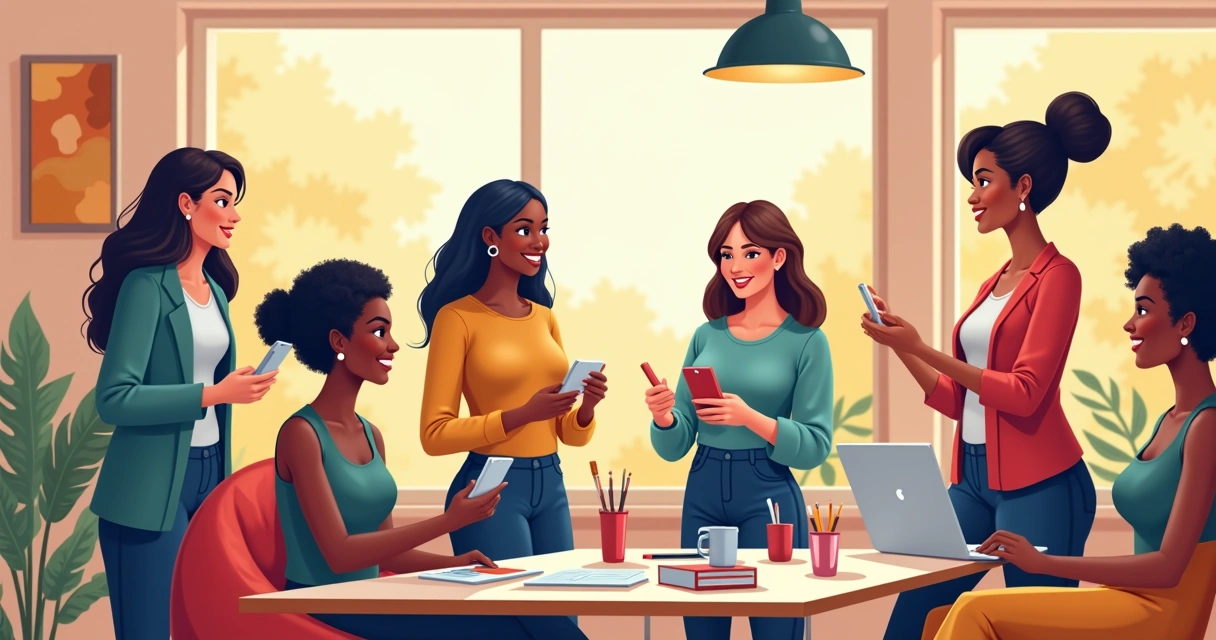 Mulheres de diferentes corpos e estilos reunidas em ambiente criativo 