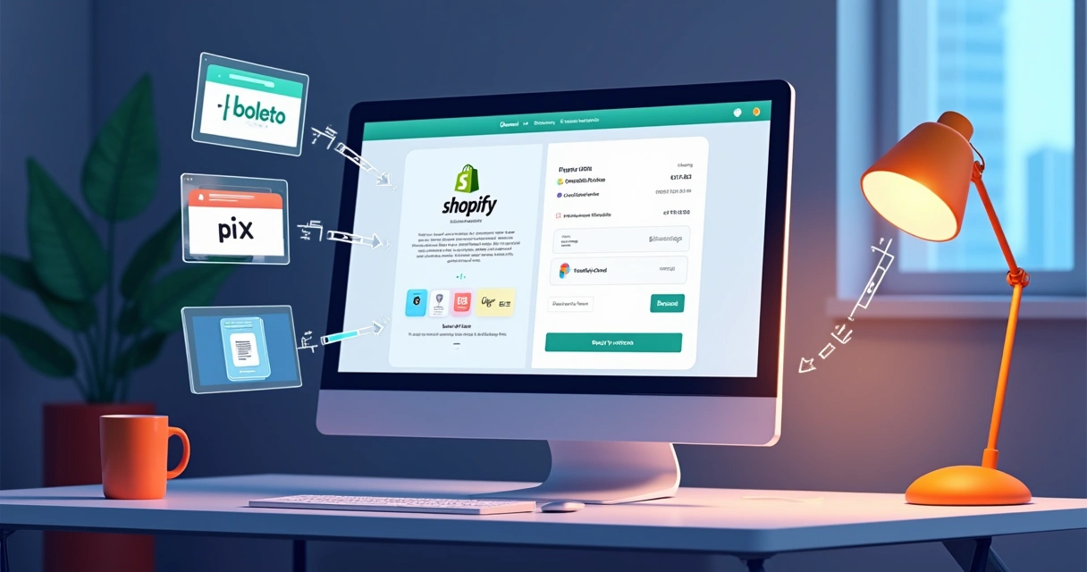 Tela de computador aberta mostrando uma loja Shopify, ao lado destaque para boletos, cartões, Pix e carteiras digitais, todos conectados visualmente ao checkout. 