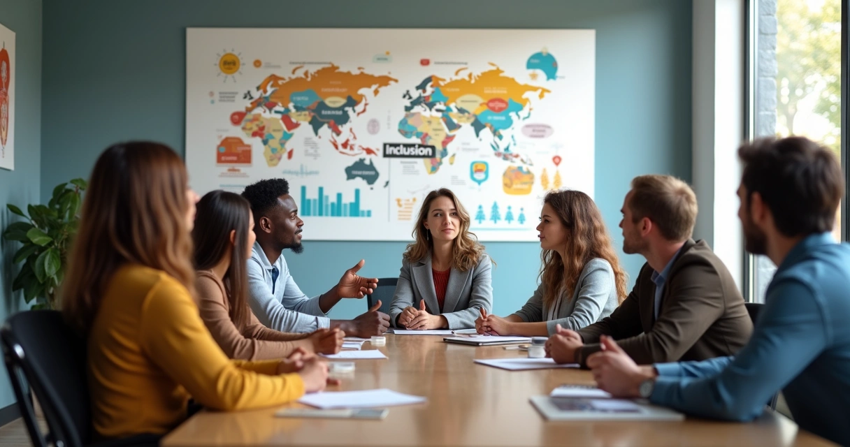 Equipe diversa reunida em sala de reuniões 