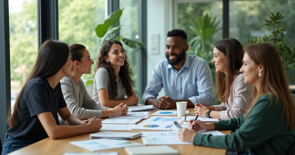 Equipe diversa em reunião, colaborando e trocando ideias. 