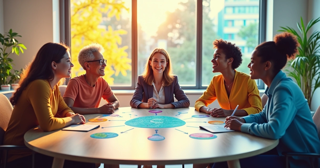 Grupo de adultos em círculo representando diversidade neurodivergente 