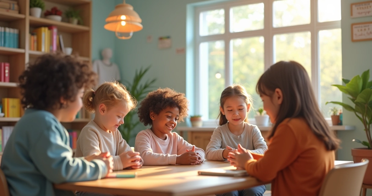 Grupo diverso de pessoas interagindo em uma sala clara 