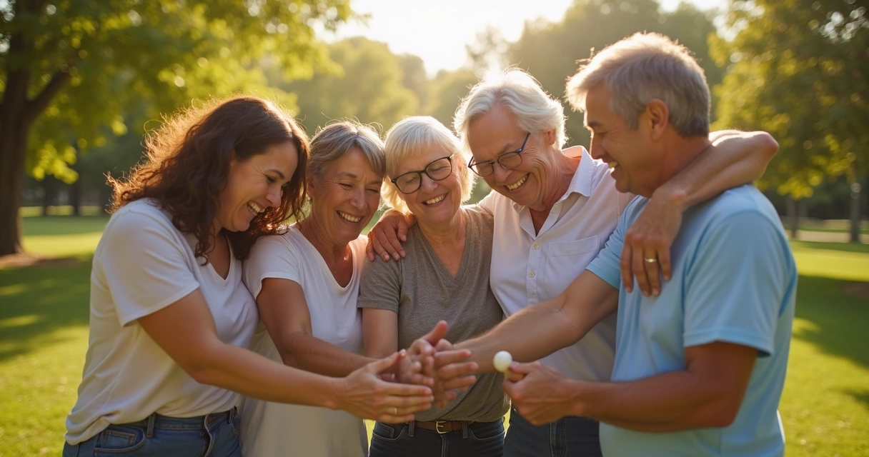 Grupo diverso sorrindo e se abraçando em um parque 
