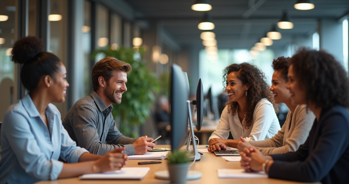 Colaboradores diversos em uma sala de trabalho compartilhada, conversando juntos. 