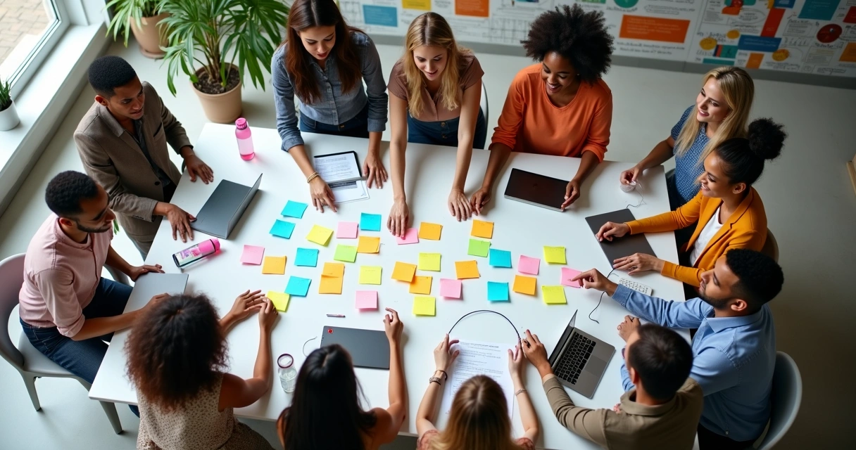 Equipe empresarial diversa realizando brainstorming em ambiente colaborativo 