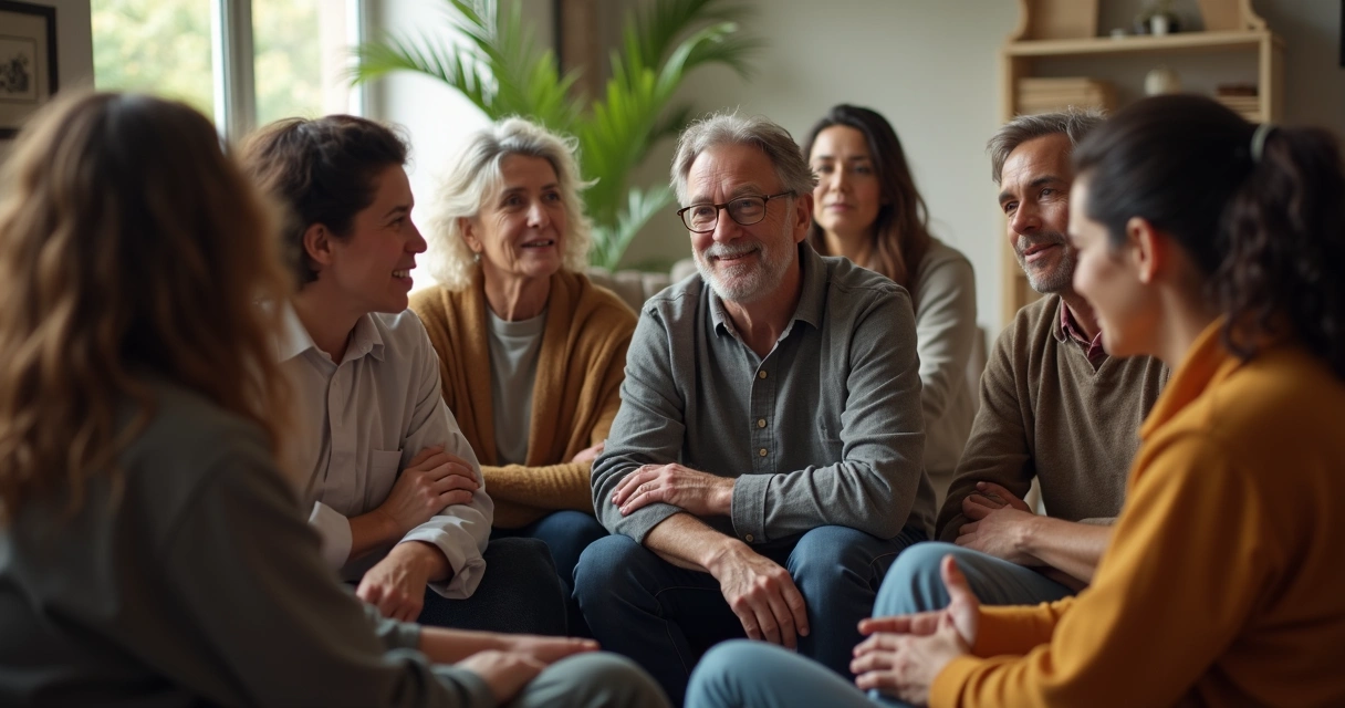 Pessoas conversando em um círculo, de diferentes origens e idades, compartilhando ideias 