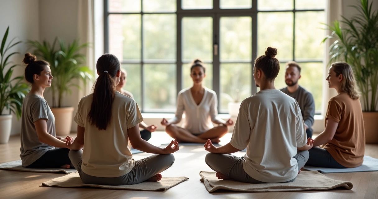 Grupo diverso de pessoas meditando em sala tranquila e iluminada. 