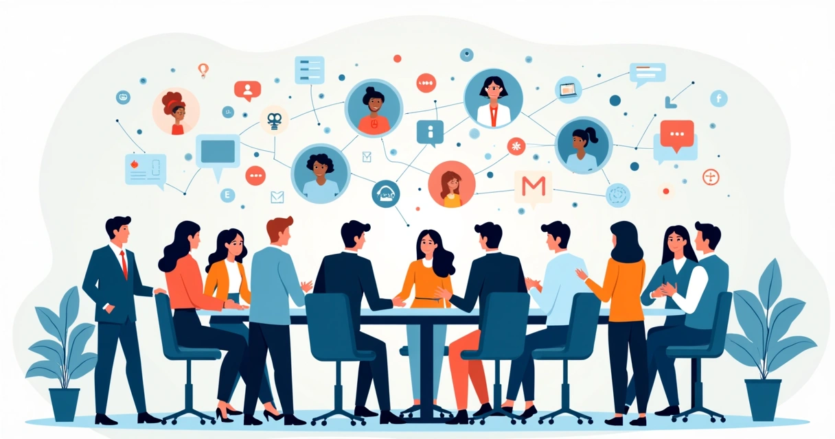 Diversos profissionais conversam em grupo, representando diferentes gerações e origens.