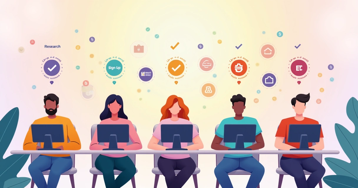 Ilustração de pessoas registrando-se em várias plataformas de pesquisas online, com ícones e cores vibrantes.