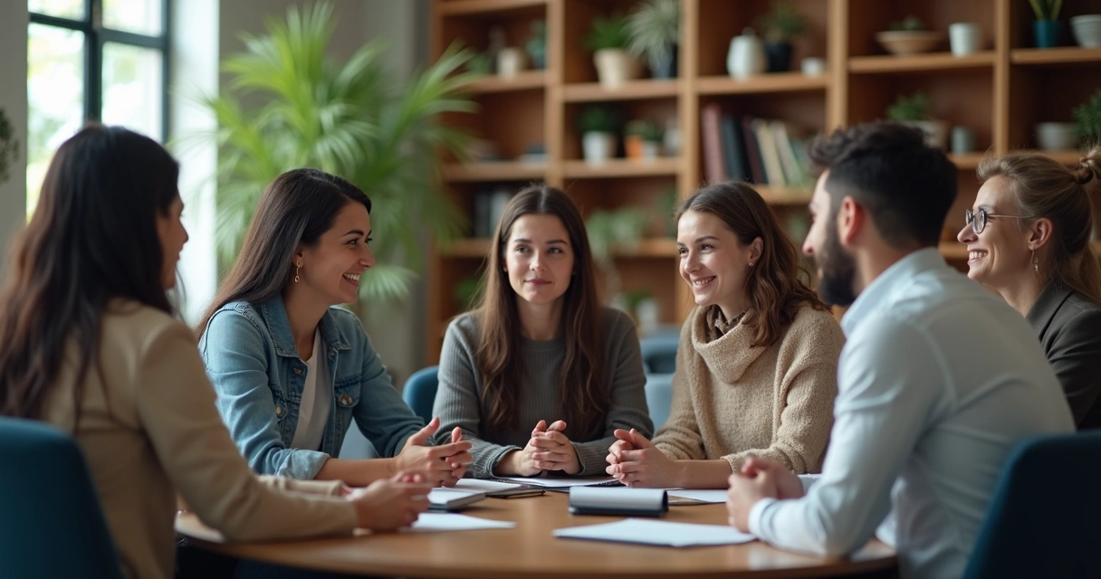 Profissionais em roda, diferentes idades e estilos de roupa 