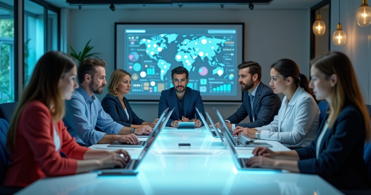 Equipes de diferentes setores reunidas com tablets 