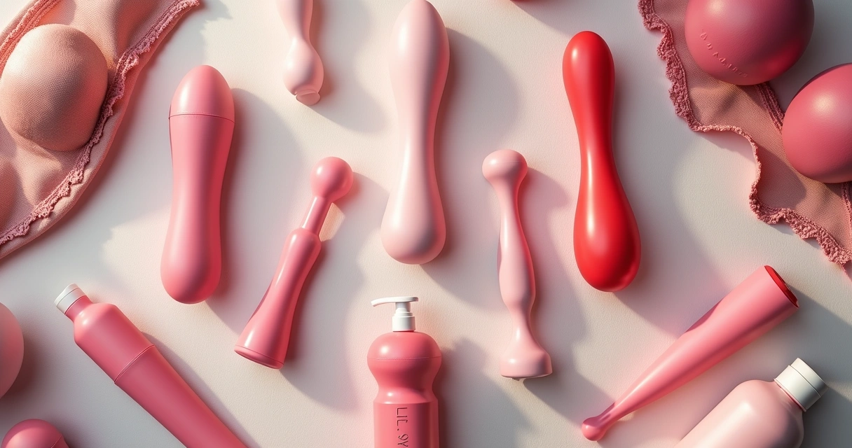 Vários tipos de sex toys organizados sobre superfície clara com acessórios e lubrificantes 