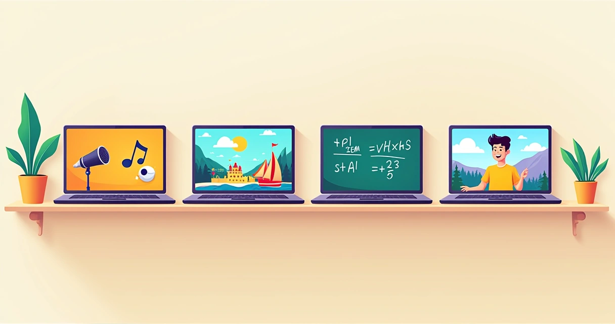 Ilustração de quatro telas de computador mostrando vídeos do YouTube sobre música, desenho animado, aula de matemática e vlog de viagem 