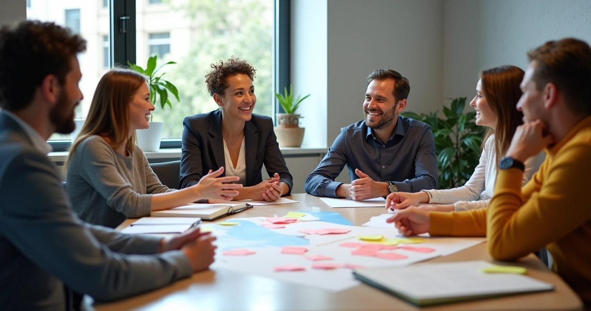 Equipe de trabalho diversa em reunião ao redor de mesa 