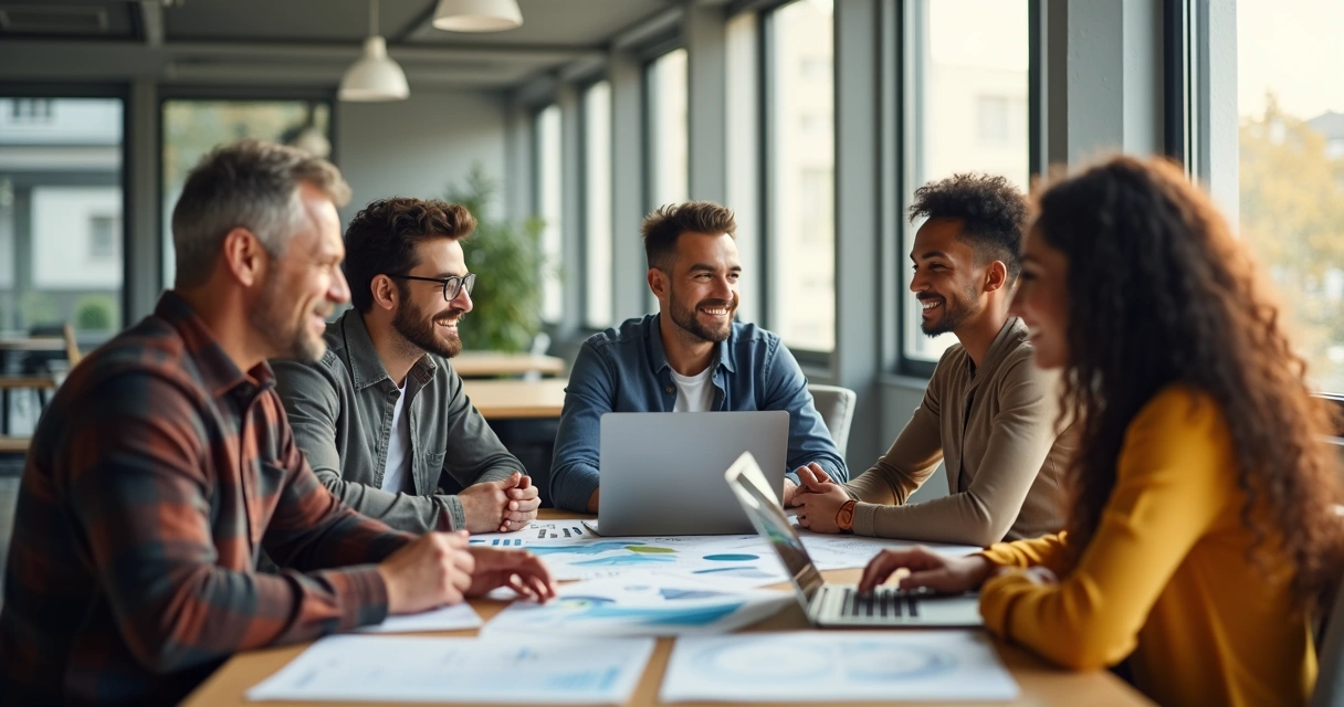 Equipe diversa reunida ao redor de uma mesa de trabalho, sorrindo e interagindo entre si 