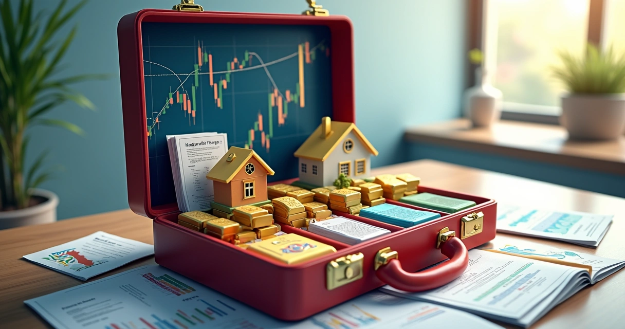 Carteira de investimentos diversificada ilustrando vários tipos de ativos 