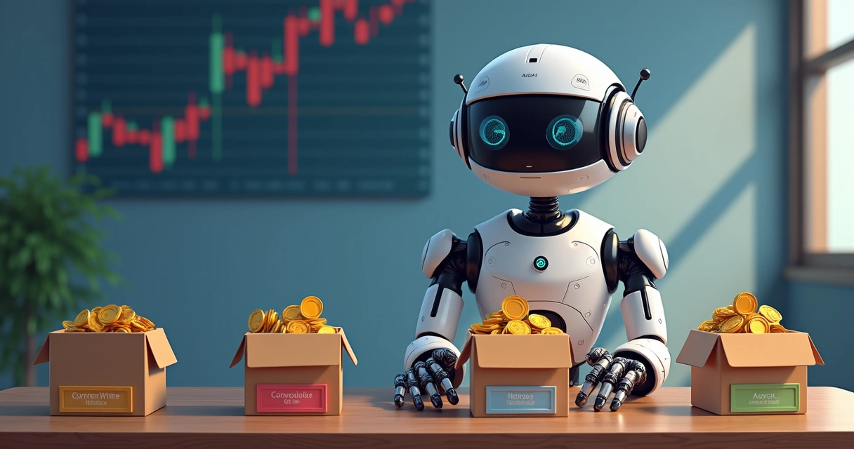 Robô dividindo moedas entre caixas representando portfólios 