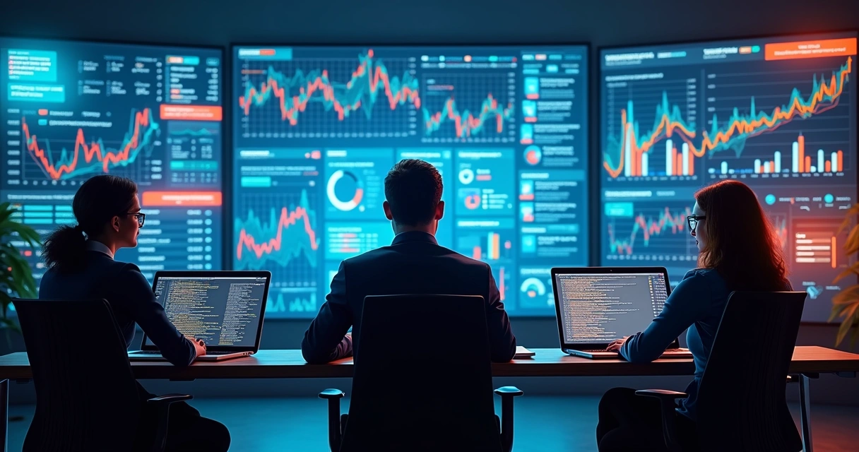 Equipe observando múltiplos canais de marketing em painéis digitais 