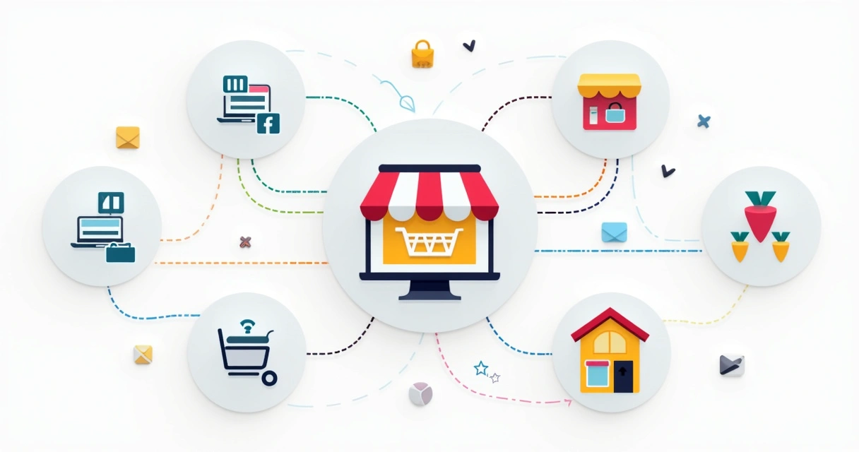Desenho mostrando loja virtual ligada a diferentes canais como marketplace, site próprio, redes sociais e loja física 