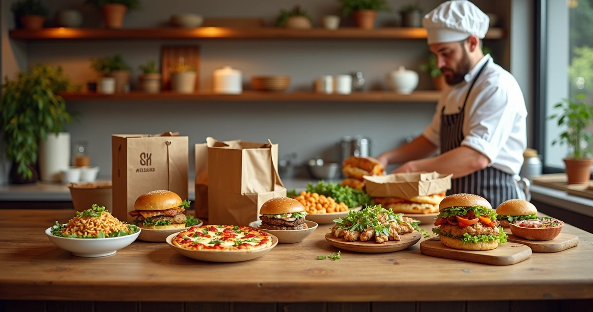 Variedade de pratos prontos para entrega sobre bancada de cozinha