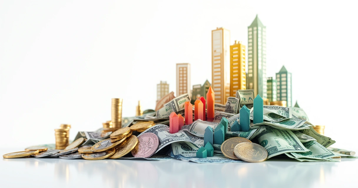 Gráfico com diferentes ativos financeiros e dinheiro crescendo ao fundo 