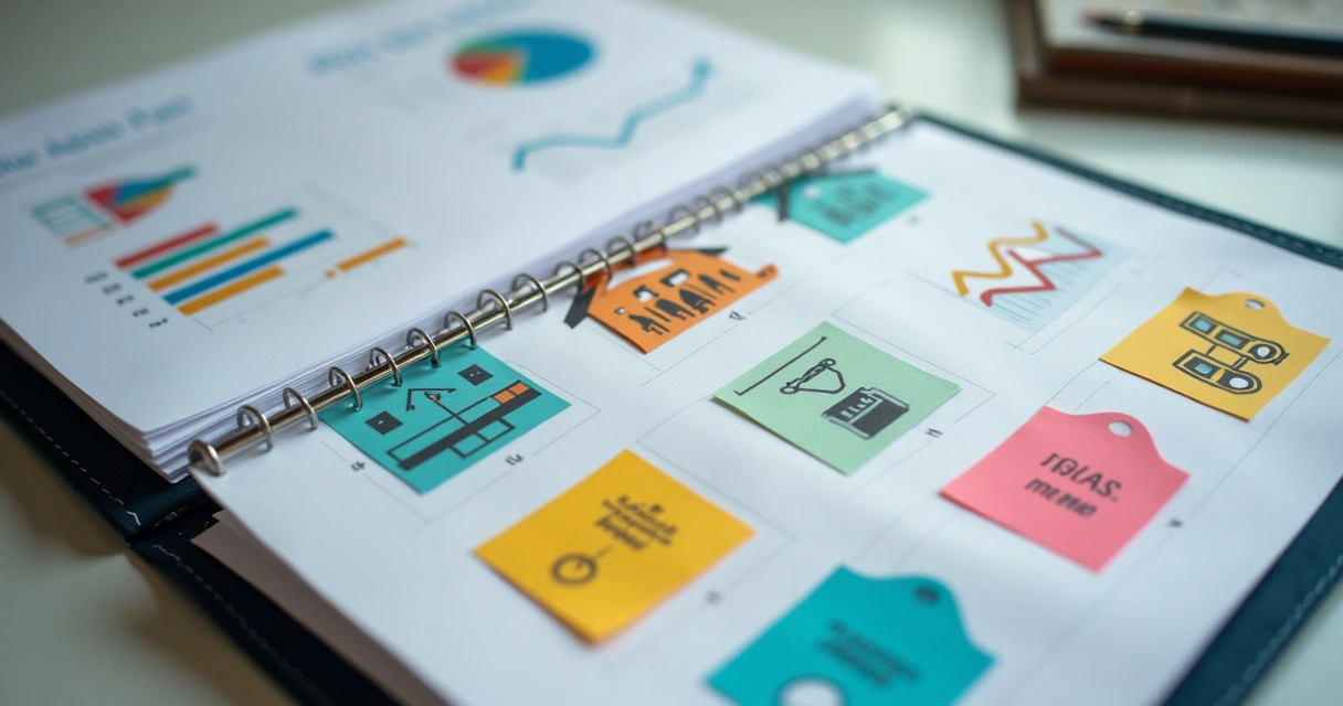 Carteira de investimentos diversificada com ícones de imóveis, títulos e gráficos 