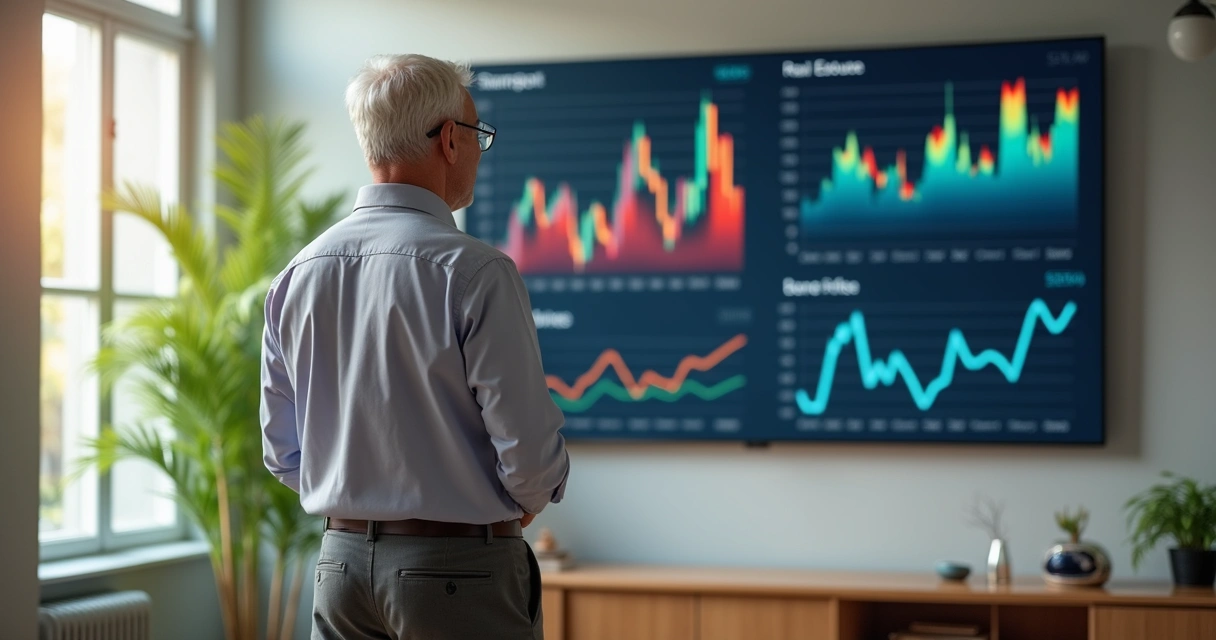 Homem idoso observa painel com gráficos e ícones de investimentos diversos 