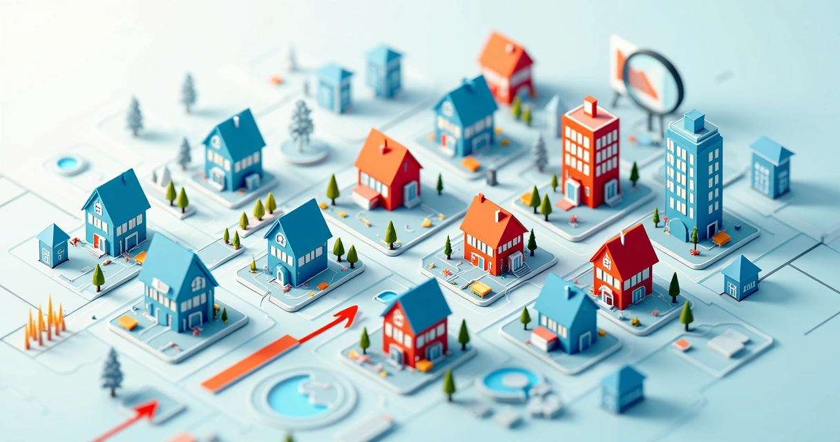 Mapa com vários ícones de diferentes tipos de imóveis 