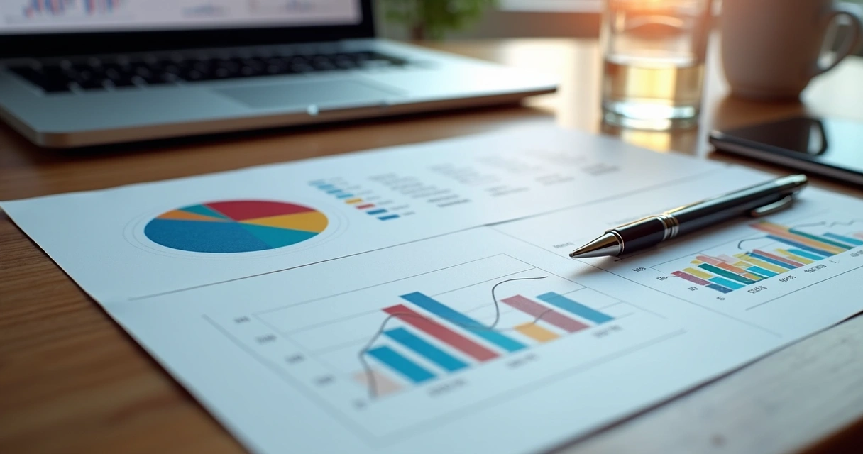 Mesa elegante com papéis e gráficos financeiros mostrando diversificação de carteira de investimentos 