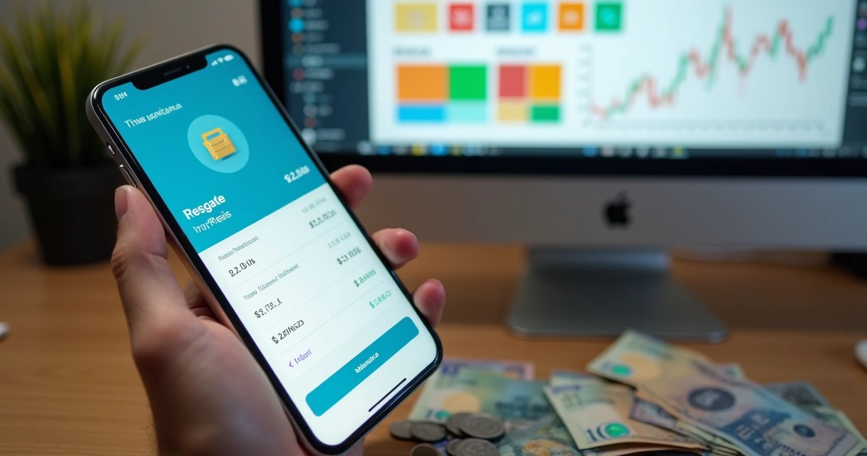 Pessoa segurando smartphone com app financeiro mostrando opções de resgate e carteira diversificada ao fundo 