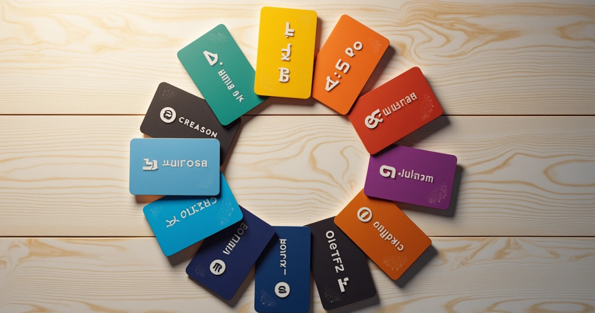 Diversos cartões cripto e moedas digitais organizados em círculo 