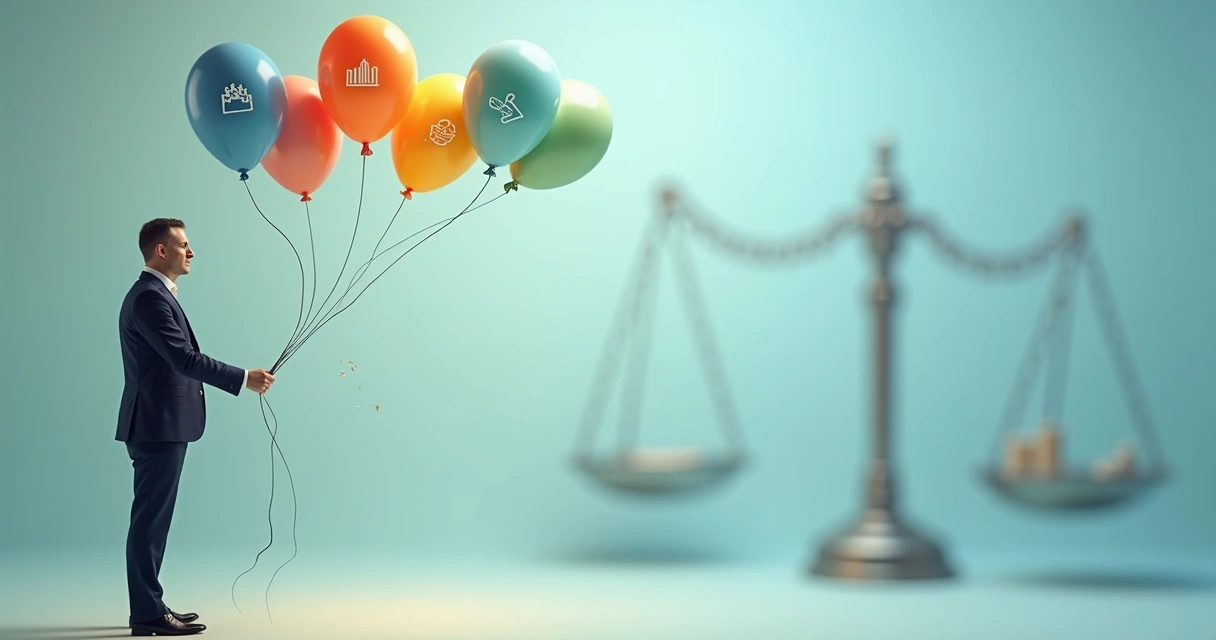 Profissional de contabilidade segurando vários balões com ícones de clientes equilibrados e uma corrente se rompendo ao fundo 