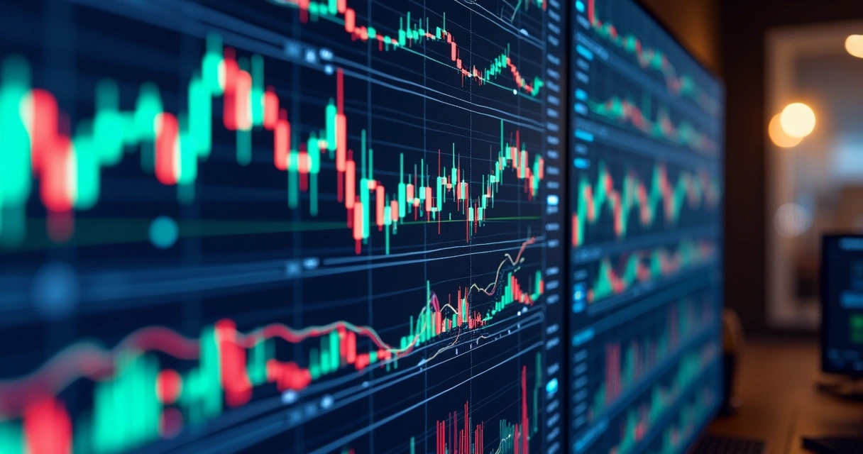 Diversos robôs de trading representados por gráficos variados em uma tela digital, mostrando diferentes estratégias e ativos financeiros 