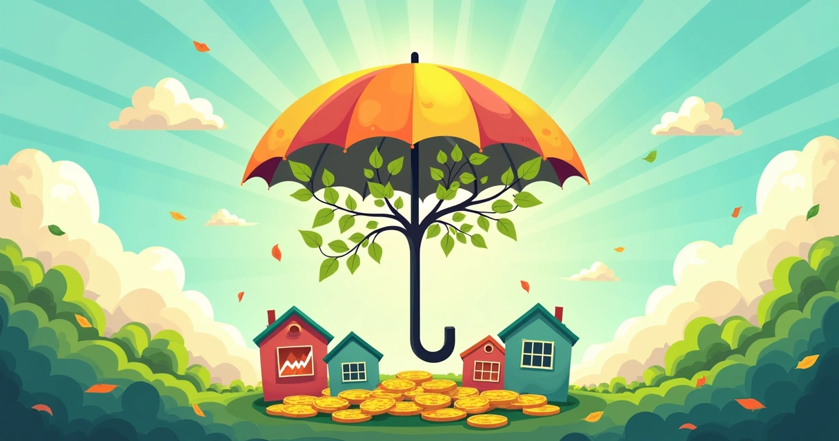 Ilustração do conceito de diversificação em gestão patrimonial com um guarda-chuva colorido sobre diferentes tipos de investimentos.