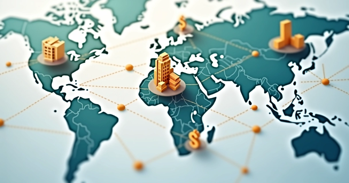 Ilustração de carteira global diversificada com ativos em diferentes moedas e gráficos financeiros 