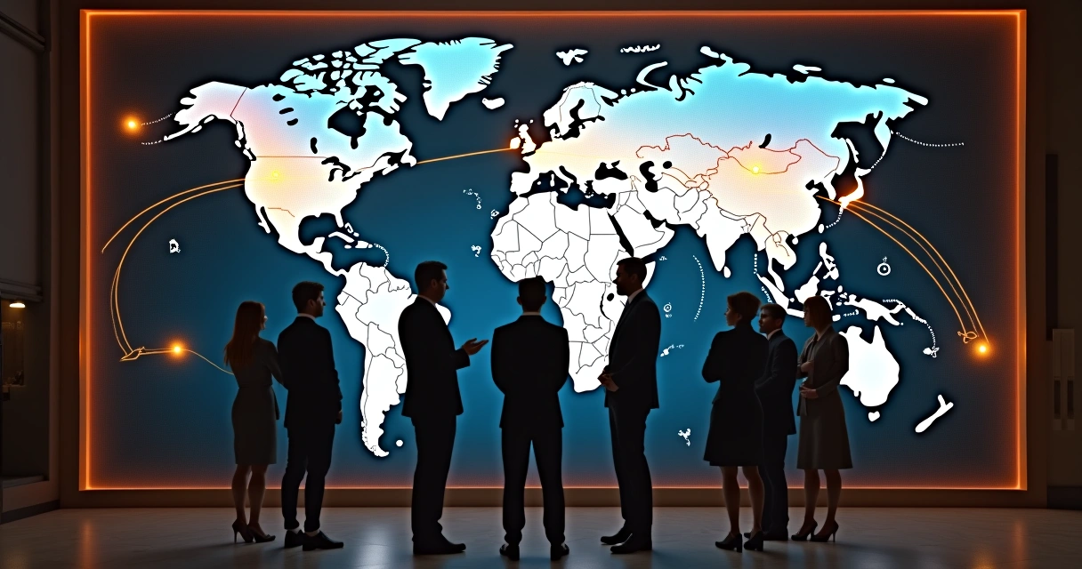 Mapa mundi com linhas interligando diferentes continentes mostrando fluxo de investimentos 