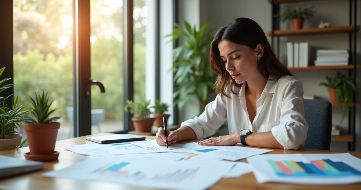 Mulher analisando gráficos de diversificação imobiliária em escritório