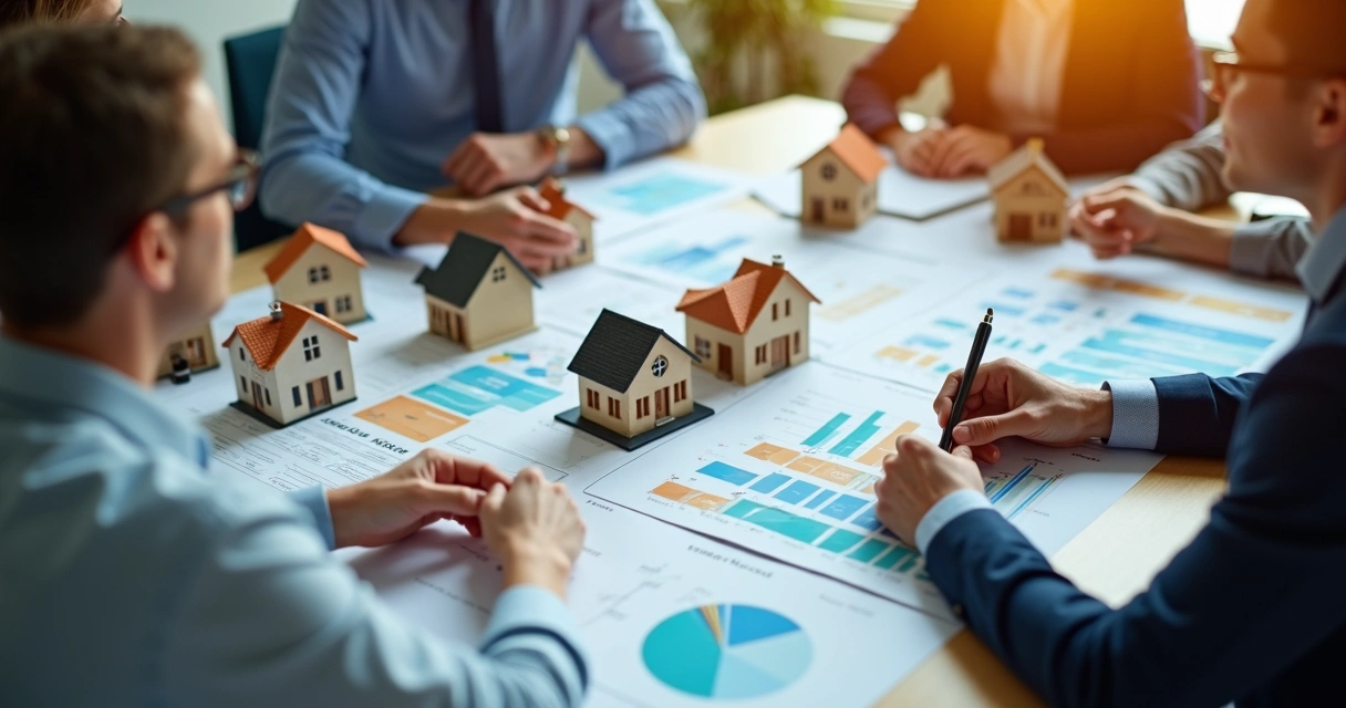 Pessoas avaliando gráficos e imóveis em miniatura 