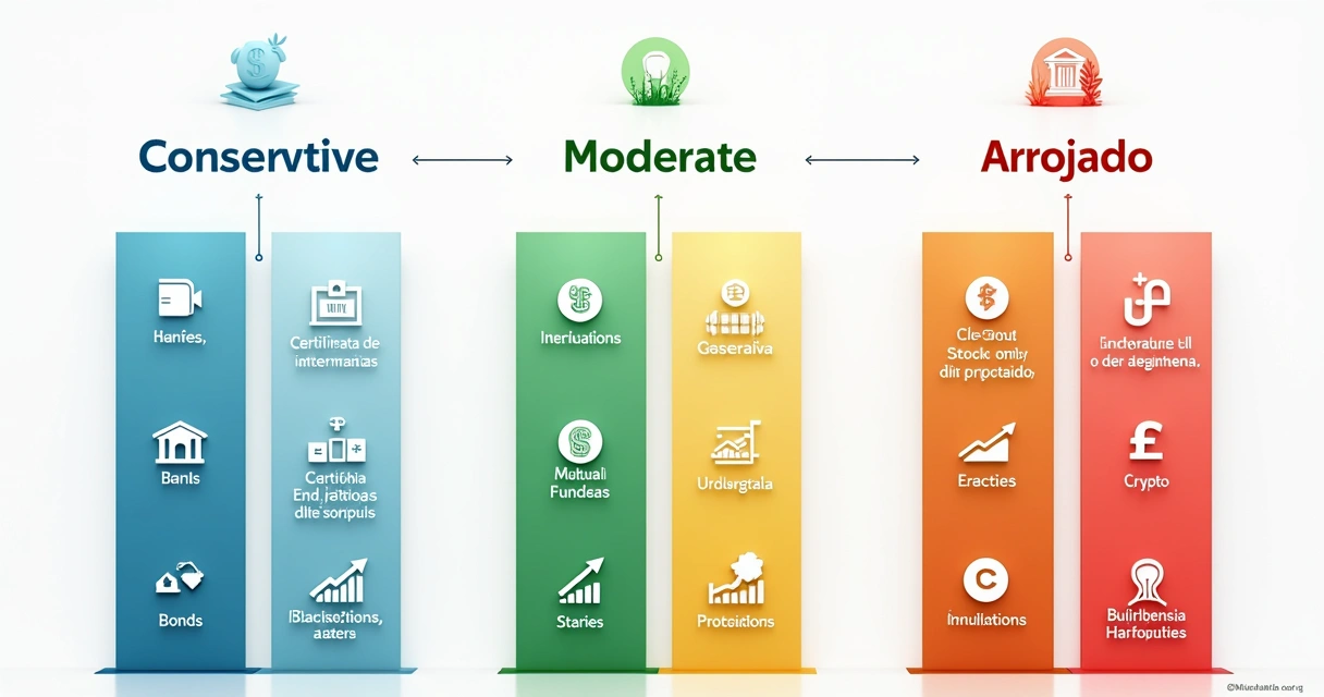 Diversos ativos financeiros distribuídos em três colunas, representando perfis conservador, moderado e arrojado 