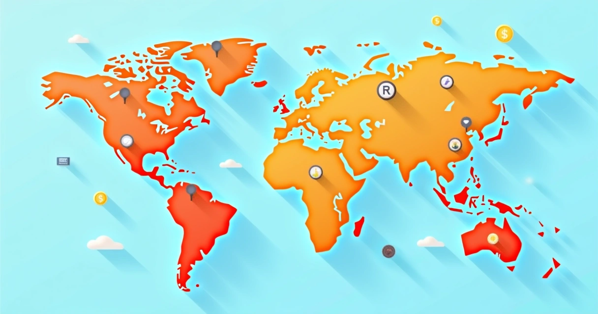 Mapa mundi com ícones financeiros conectando diversos países 