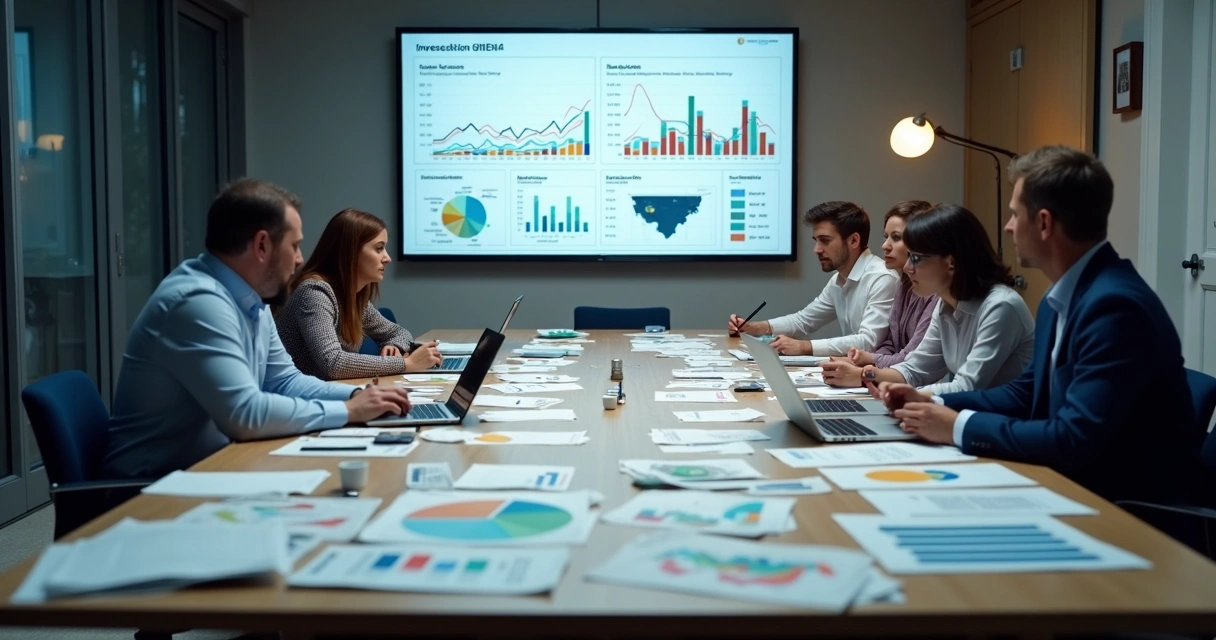 Grupo de pessoas analisando diferentes tipos de investimentos em uma mesa 