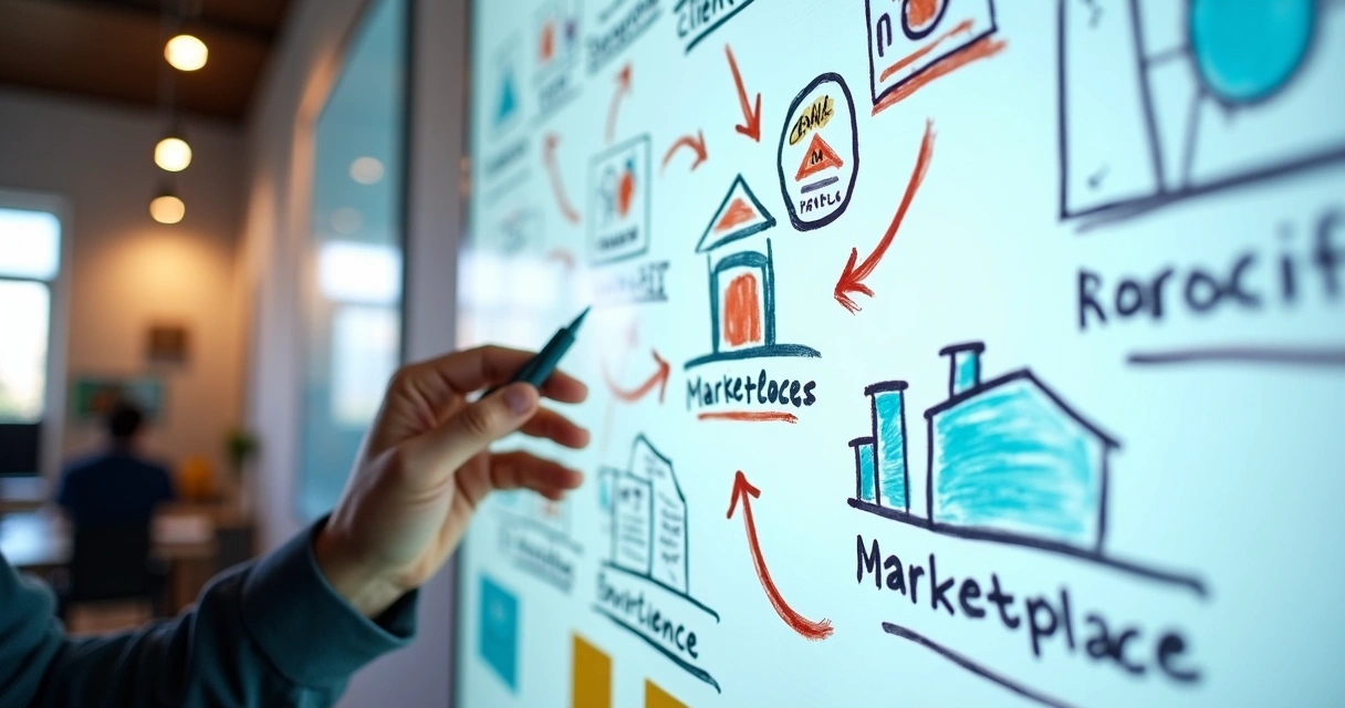 Quadro branco com fluxogramas de diversificação de receitas desenhados 