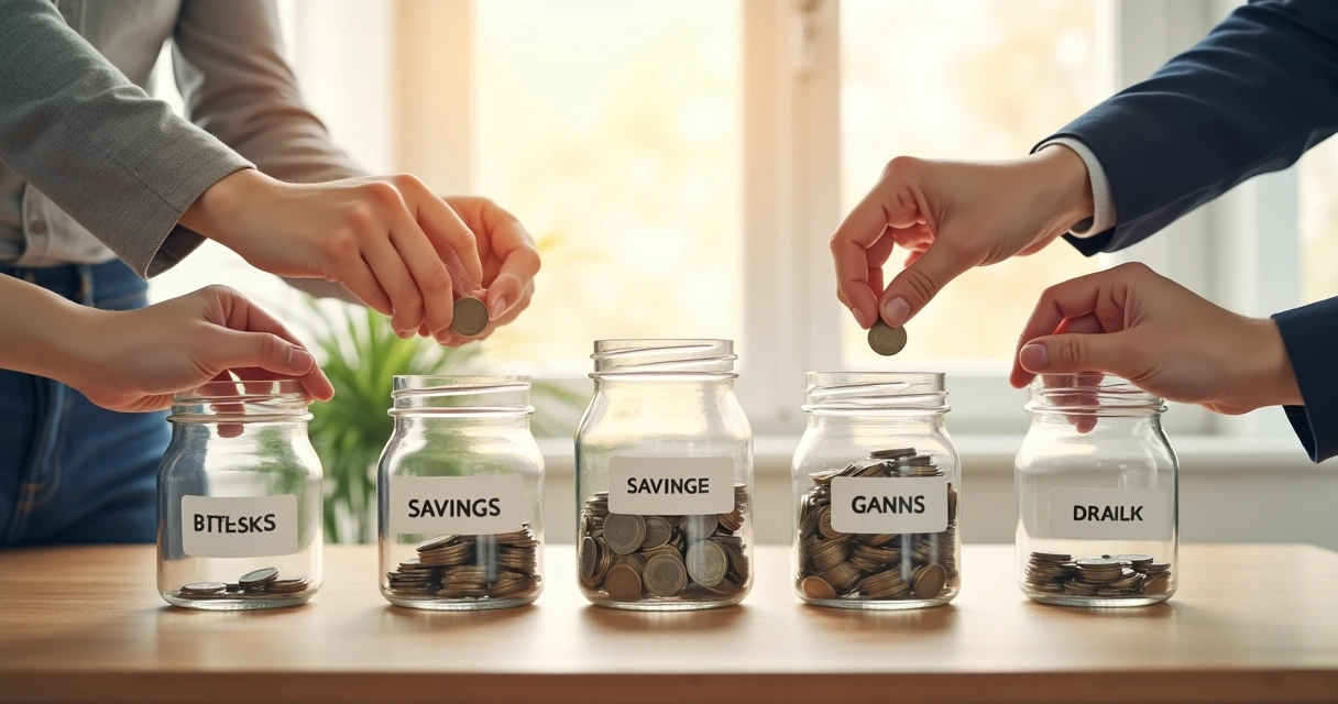 Várias mãos colocam moedas em potes diferentes 