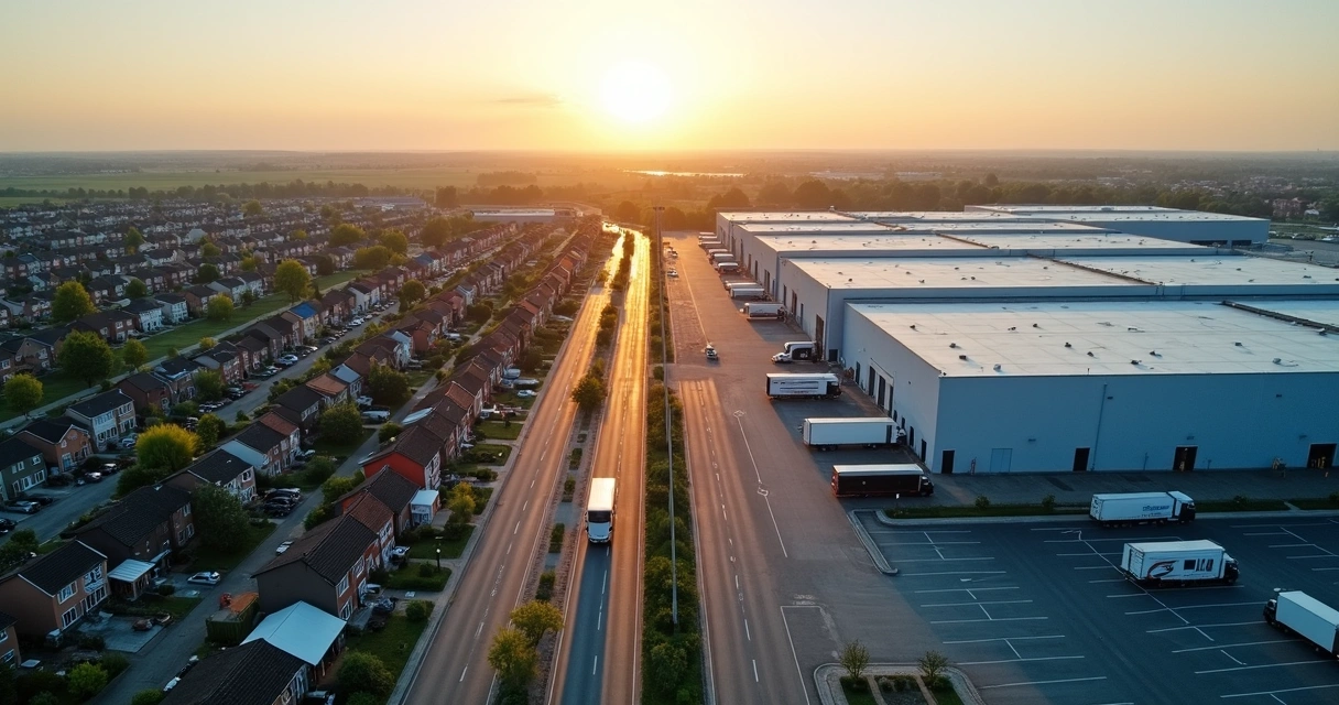 Vista aérea mostrando bairro residencial ao lado de área industrial com galpões logísticos 