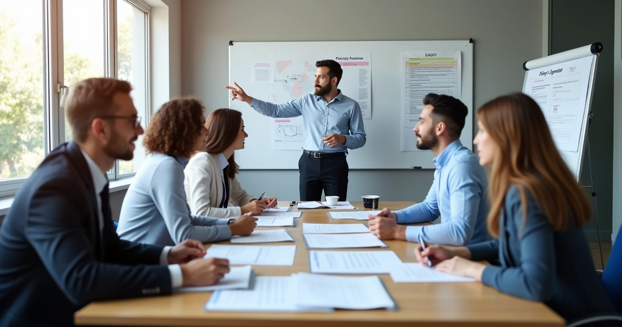 Diverse employees discussing workplace policies at a table 